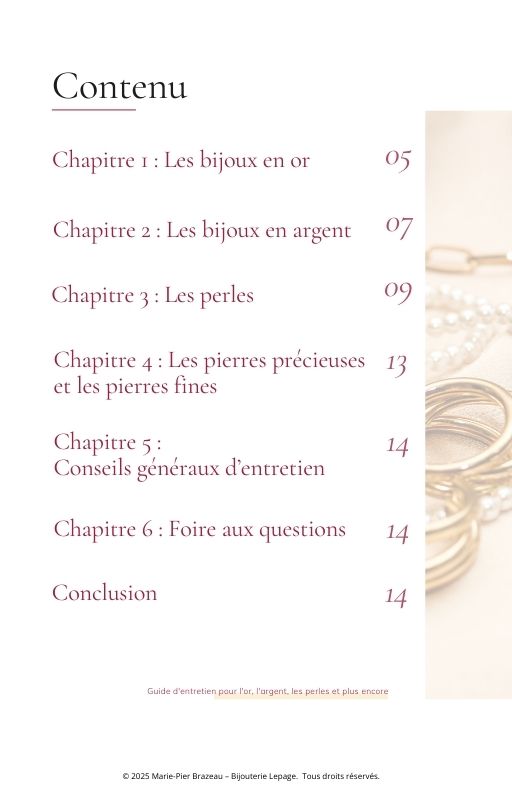 Guide d'entretien pour l'or, l'argent, les perles et plus encore